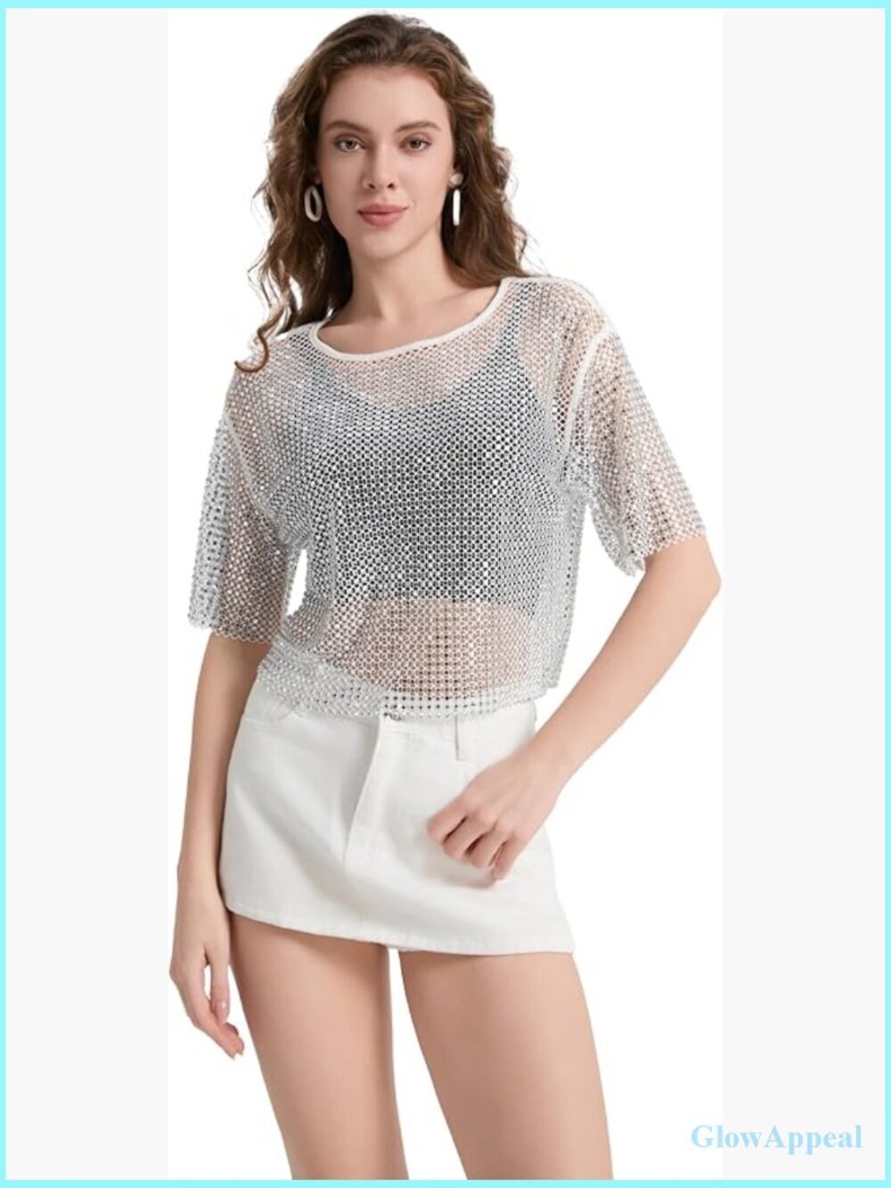 Diamond Mesh Fishnet Crop Top Sparkly Glitter See Through Short Sleeve T Shirt